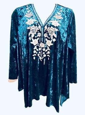 Unit by Andree Teal Crushed Velvet Floral Embroidered Tunic